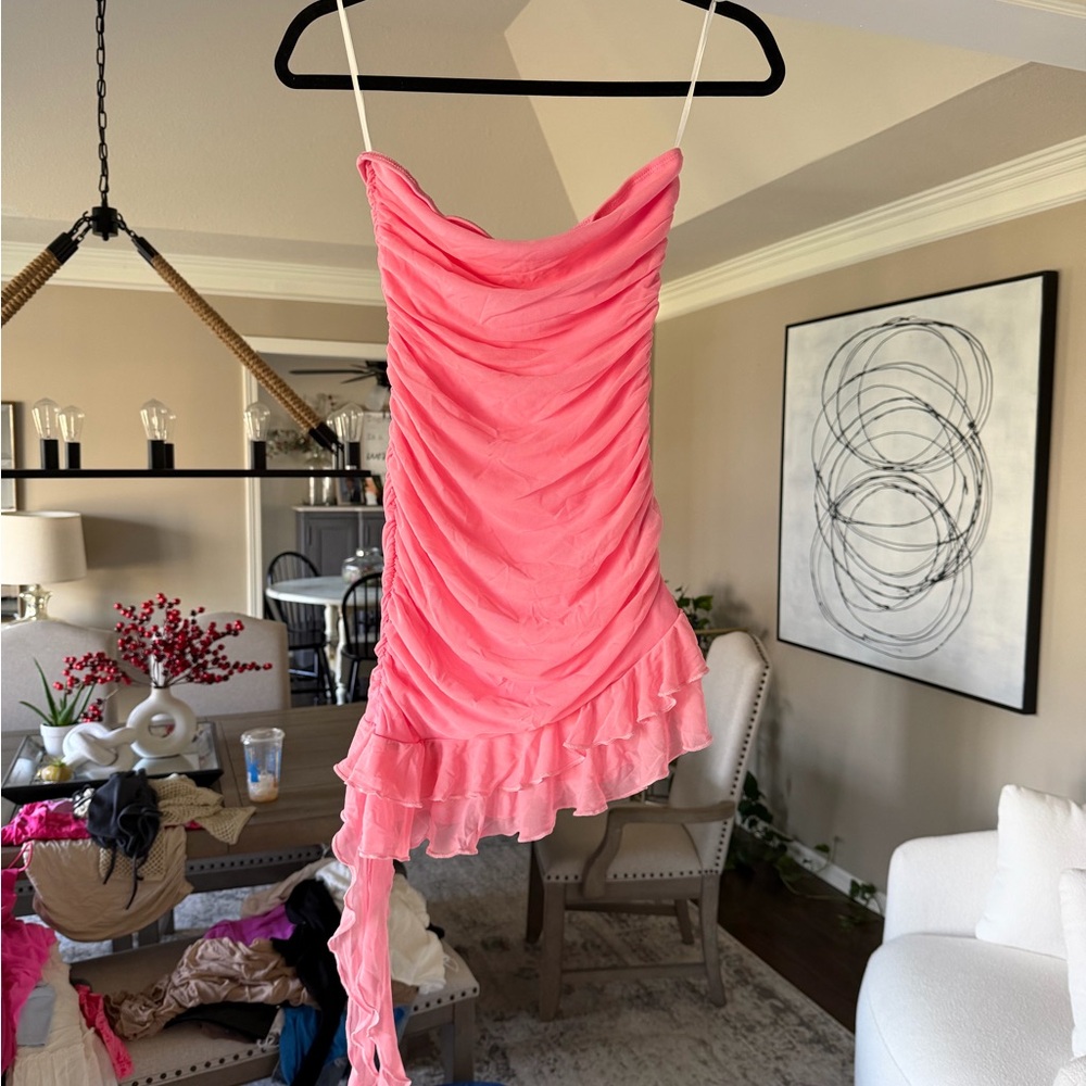 Pink Ruched Strapless Dress